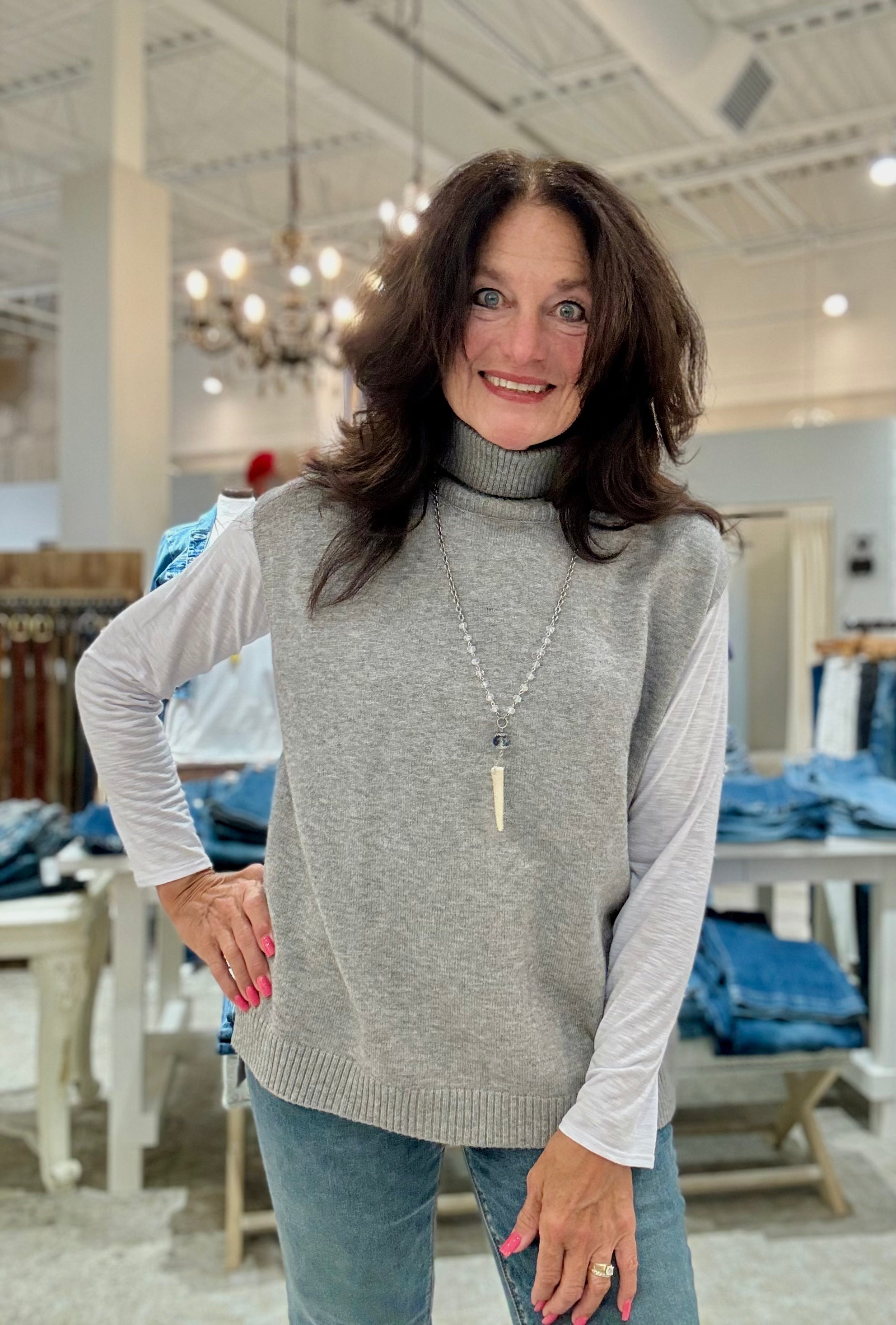 Pullover Knit Hi-Lo Turtleneck Top- grey