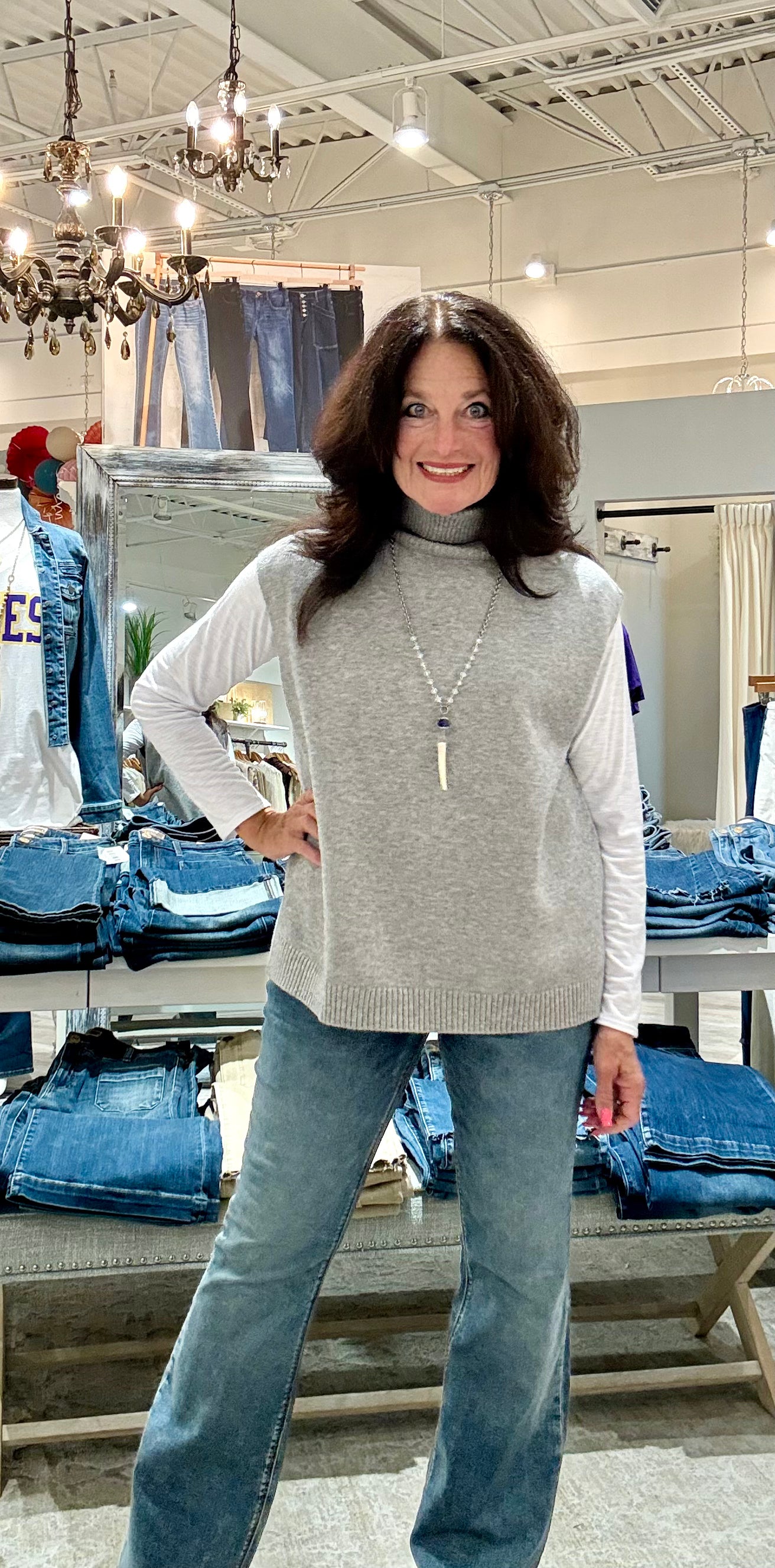 Pullover Knit Hi-Lo Turtleneck Top- grey