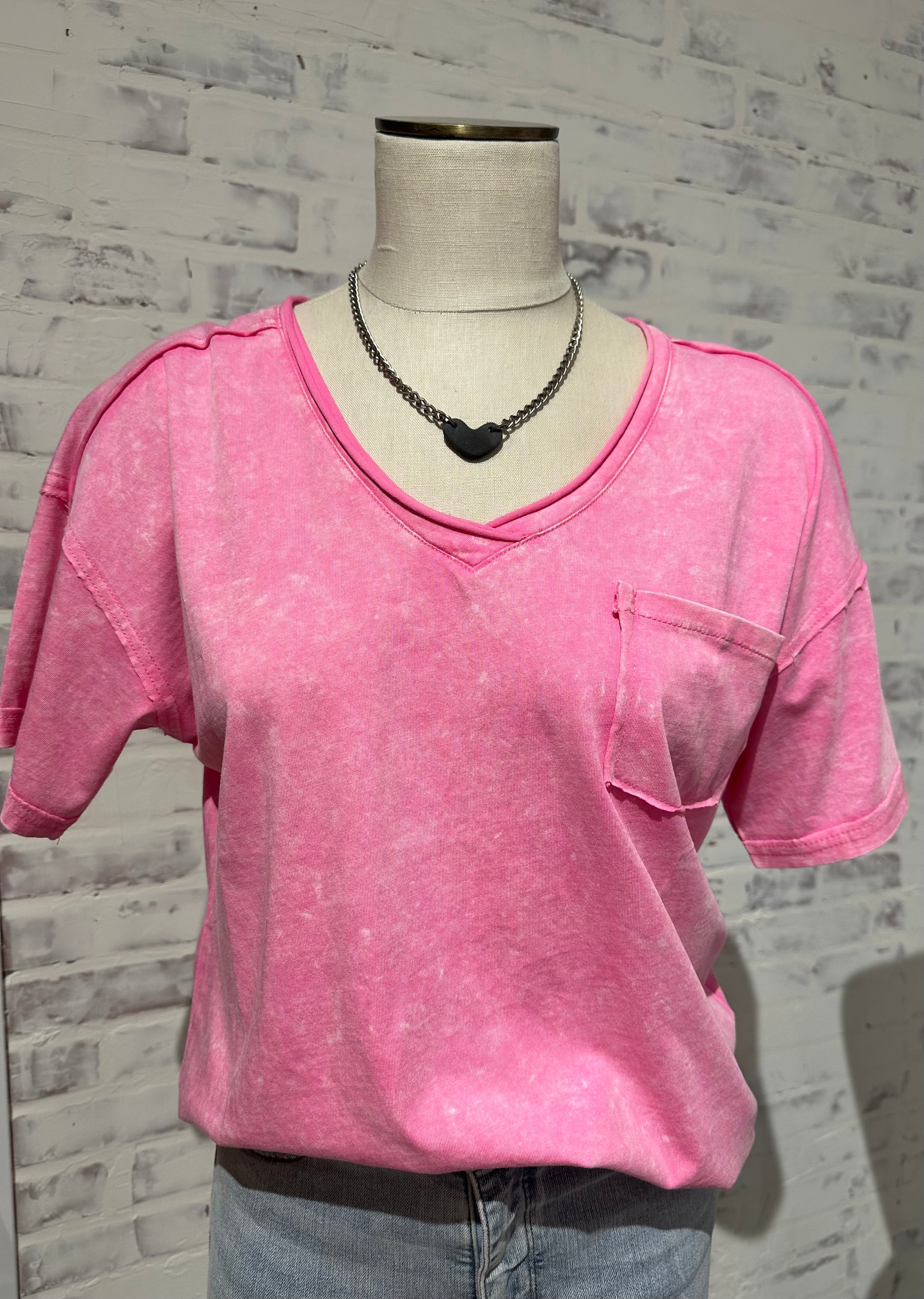 100% Cotton V Neck Top- hot pink