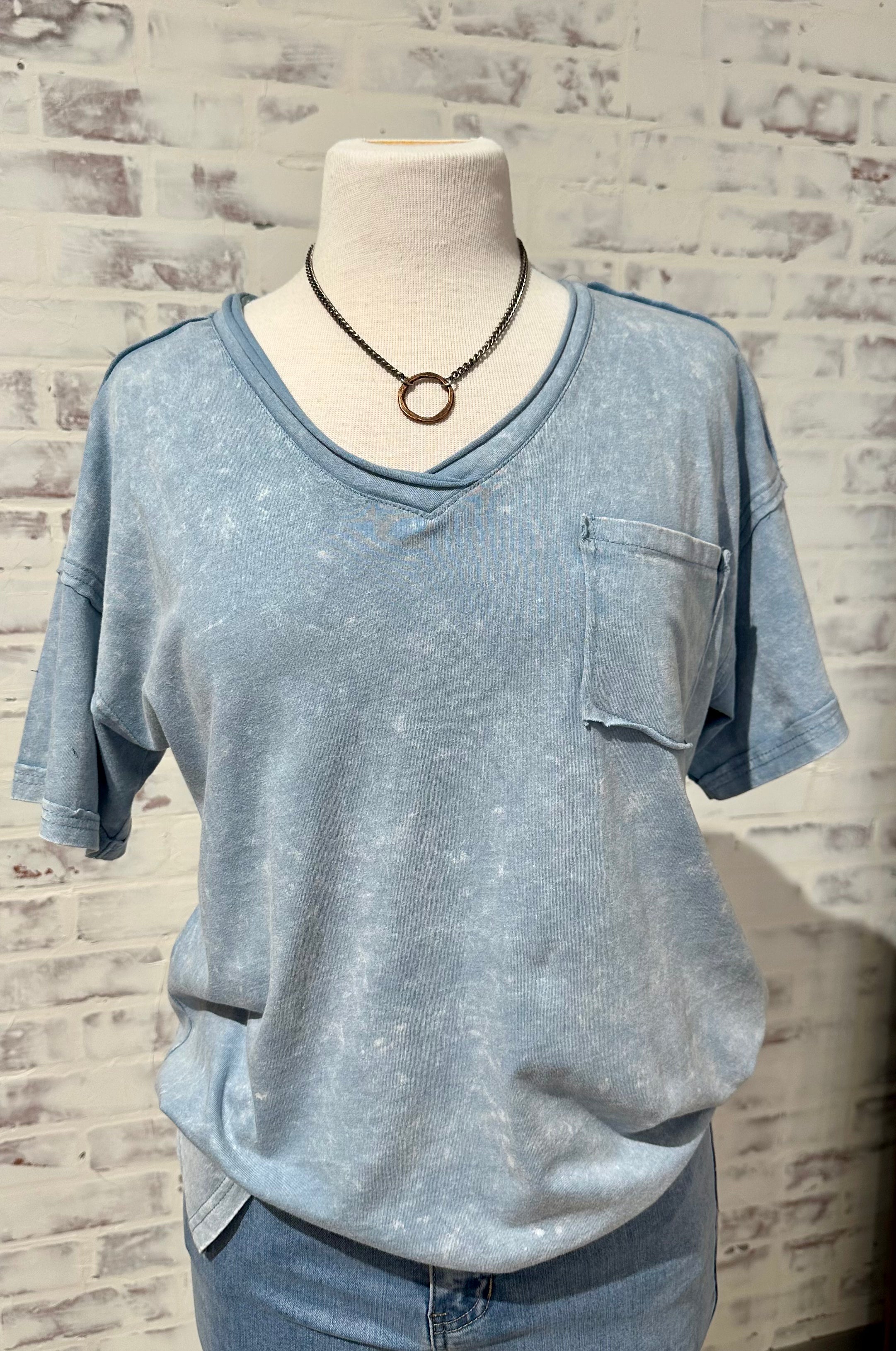 100% Cotton V Neck Top- mid wash denim