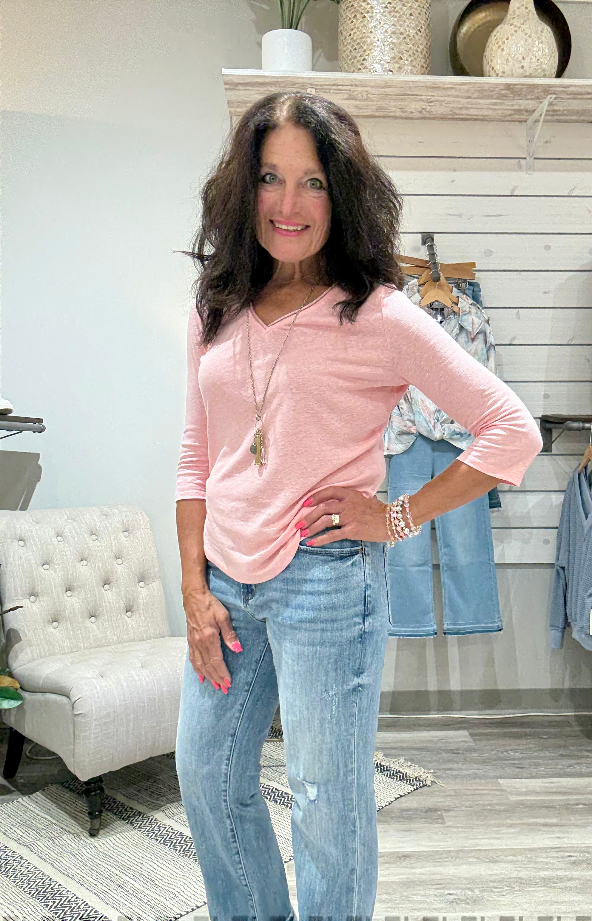 3/4 Sleeve Solid V Neck Tee- guava