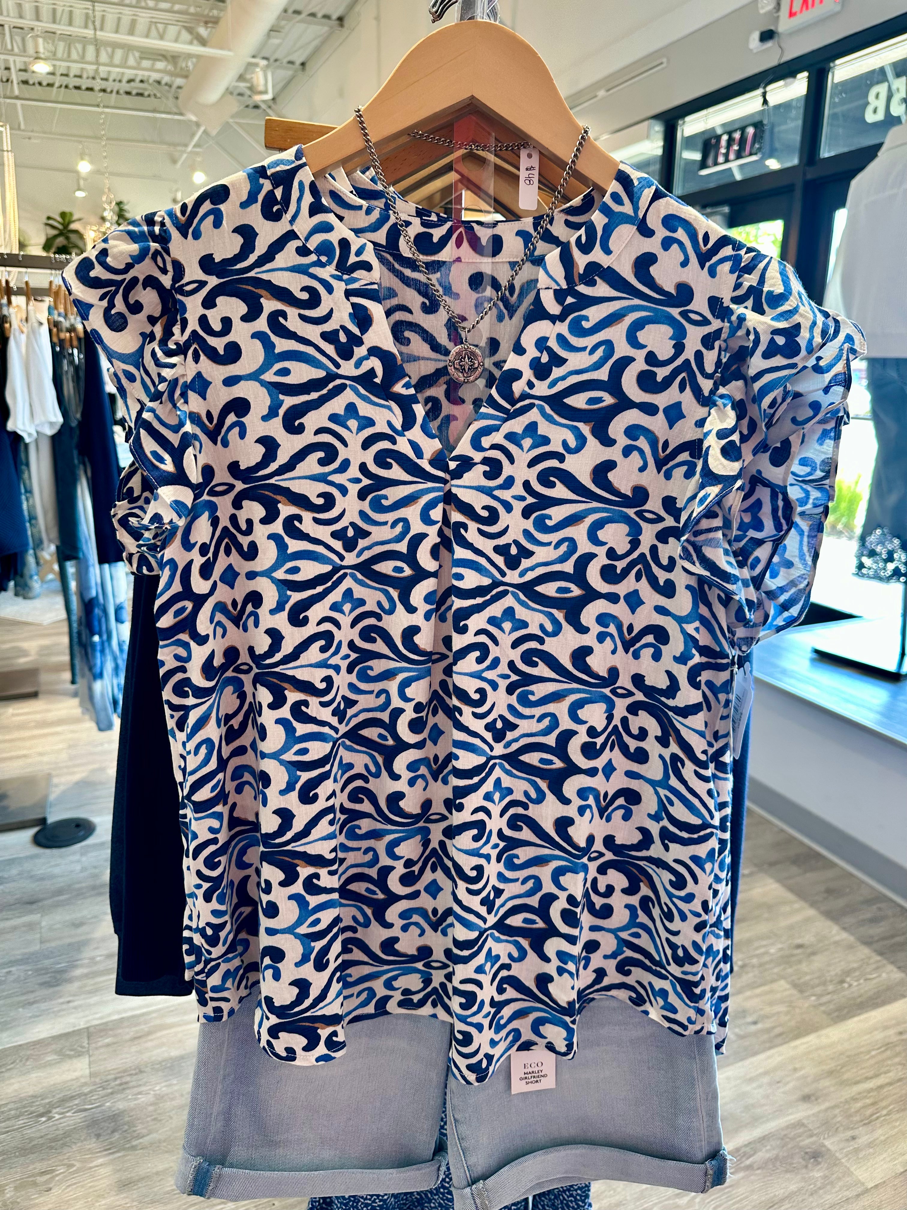 Boho Abstract Print Pintuck Detail Ruffled Top