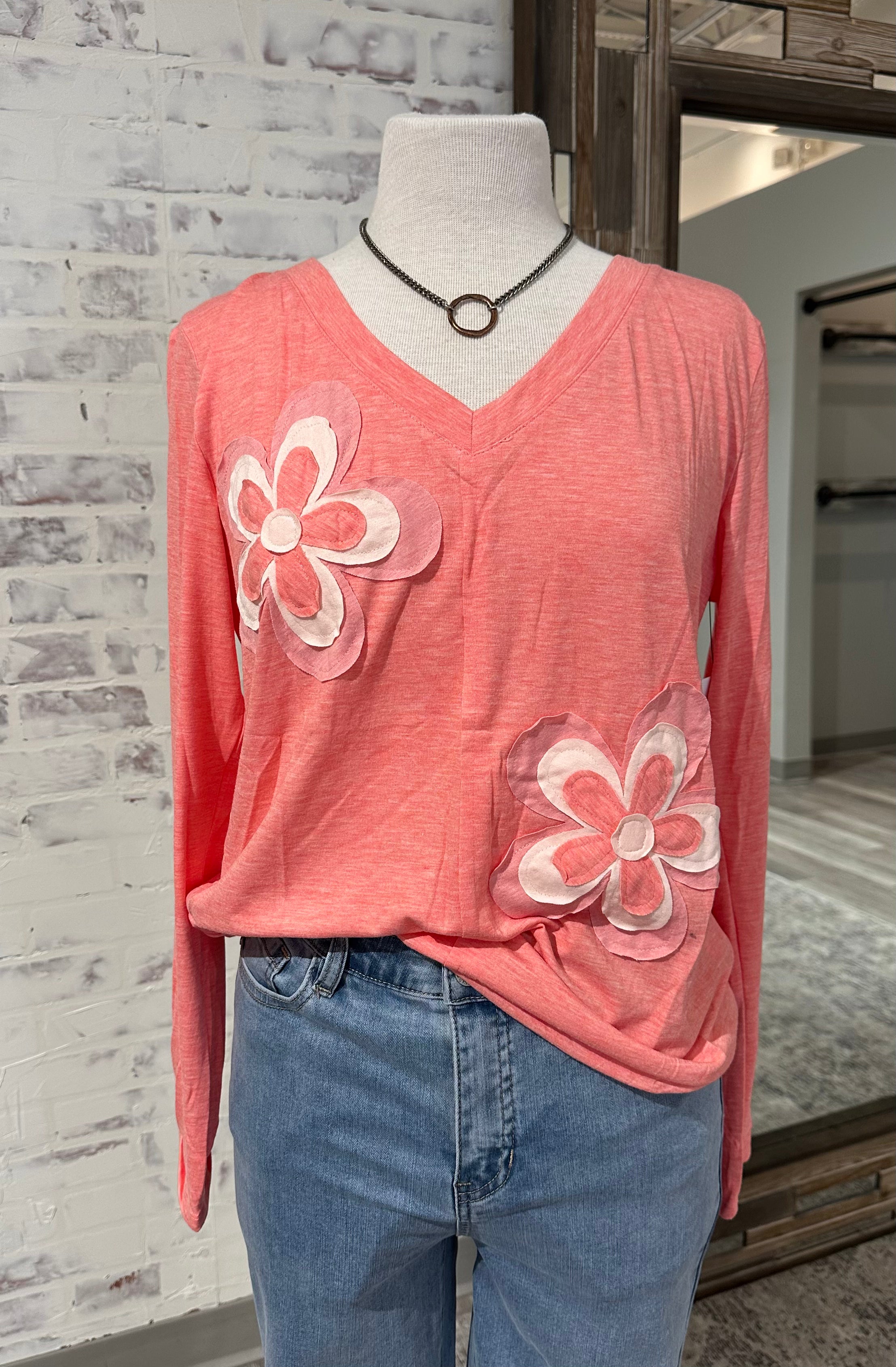 Floral Patchwork V-Neck Long Sleeve Tee