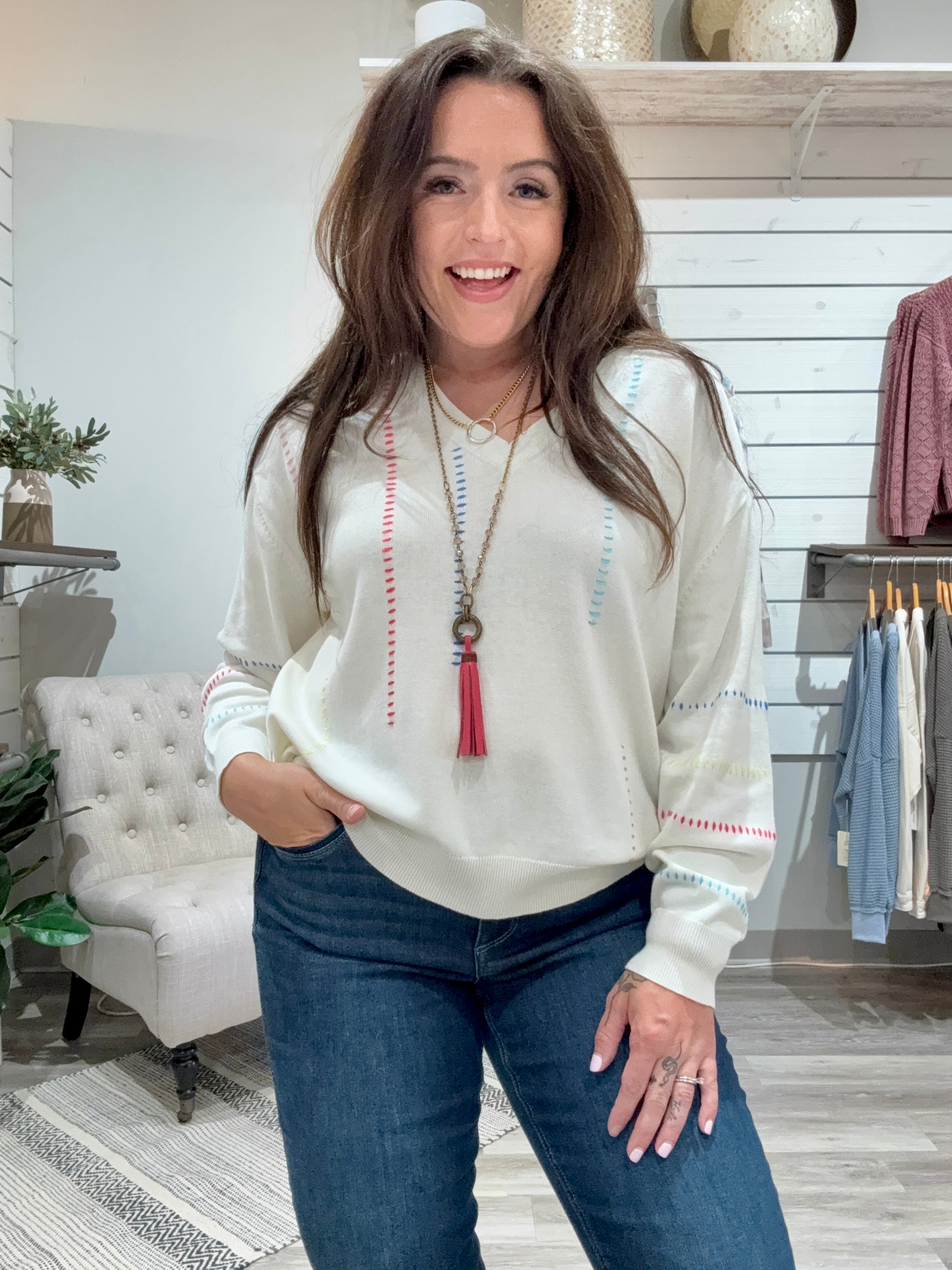 V-Neck Sweater with Embroidery Detail