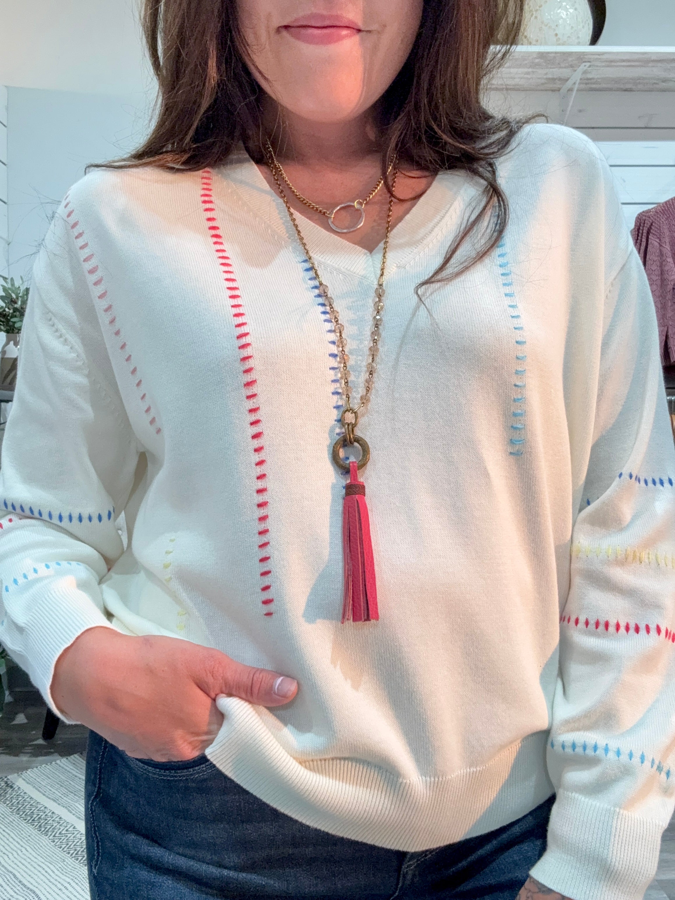 V-Neck Sweater with Embroidery Detail