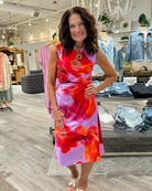 Made from Stretch Satin Jersey, the Raquel Side Drape printed Dress is fully lined for structure with light mesh and features a pretty side drape, self-binding at the neck and armholes, and center-back seam. Light and stretchy, the Raquel Side Drape printed Dress is fitted at the top before flowing into an A-line skirt. Partner with strappy sandals.&nbsp;
