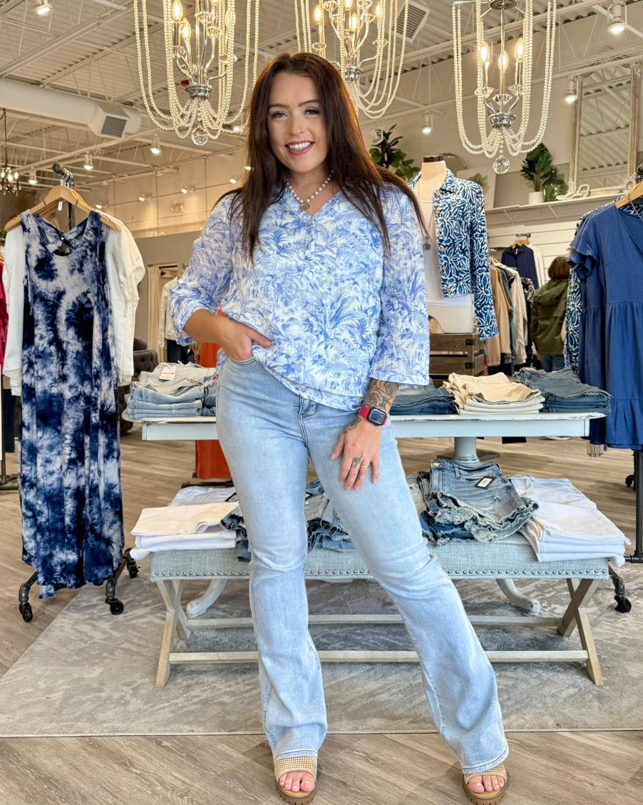 Roll up Sleeve Gauze Top- Blue/white pattern- Jungle Blue
