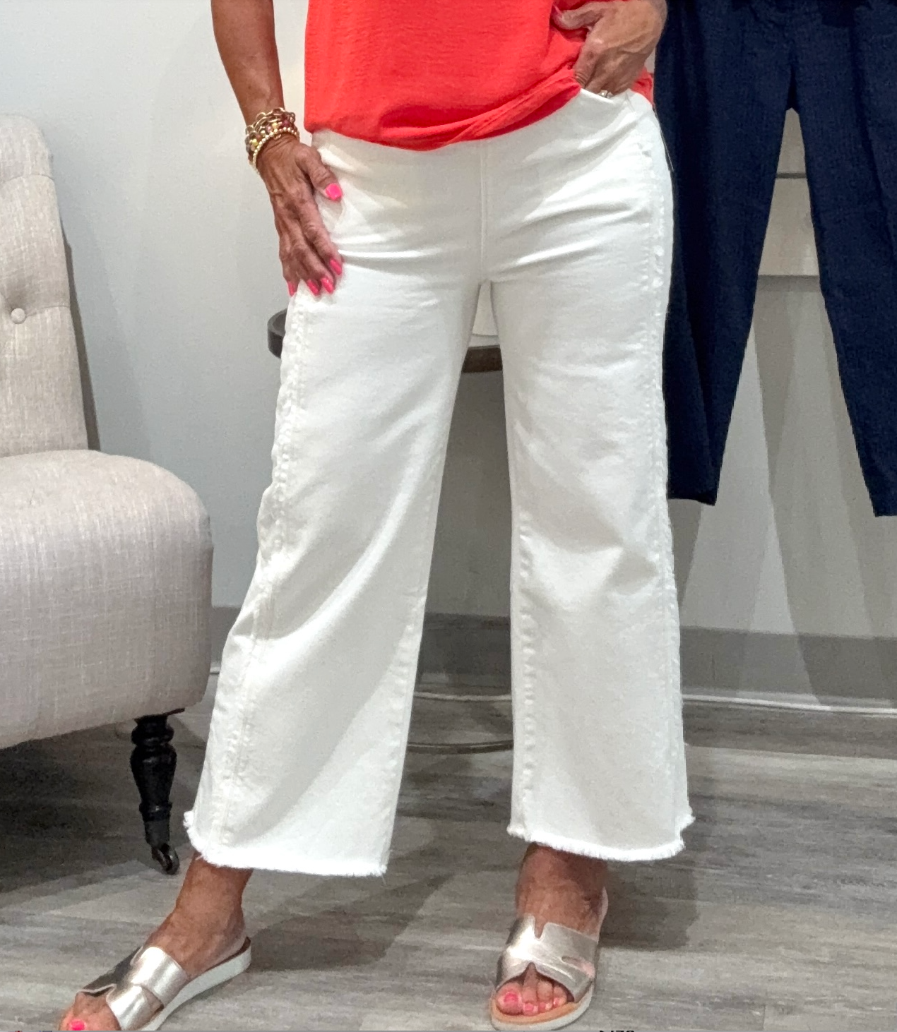 Noah High Waist Crop Wide Fringe Denim- Ecru