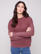 Crew Neck Cold Dye Pointelle Long Sleeves Sweater- Cabernet