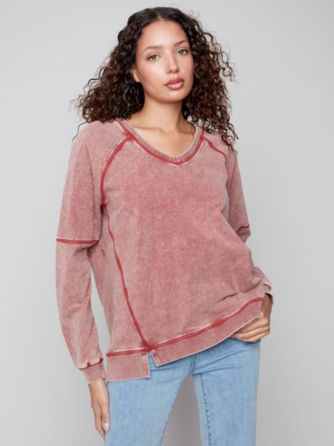 Cold Dye French Terry V-Neck Raglan Sleeves Top