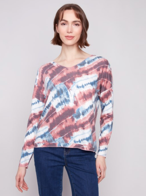 Long Sleeves Printed V-Neck Knit Top