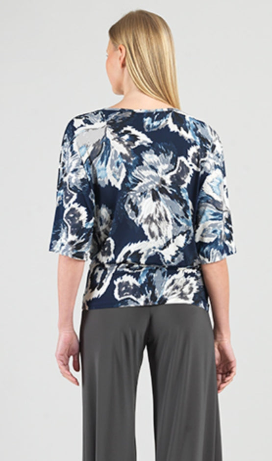 Abstract Floral Soft Knit Side Tie Top with Silver Foil