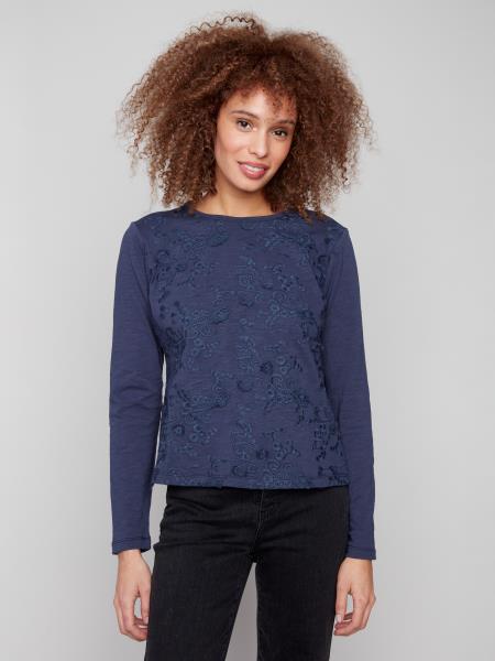 Long Sleeve Crew Neck Embroidered Jersey Top