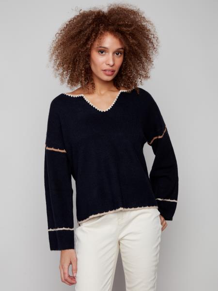 Notched Neck Rib Embroidered Sweater