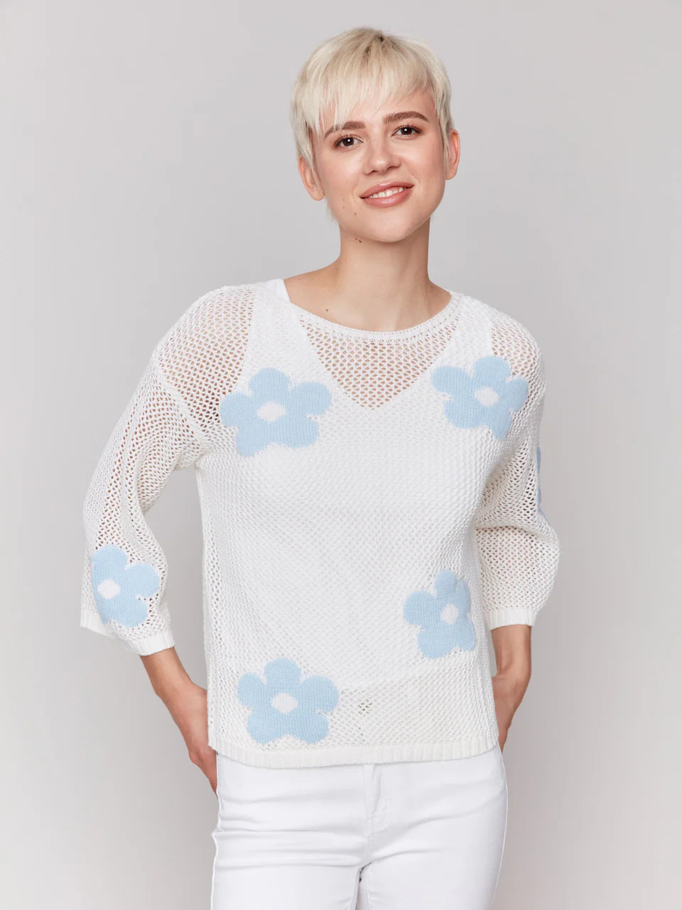 3/4 Sleeve Crochet Jacquard Sweater- White