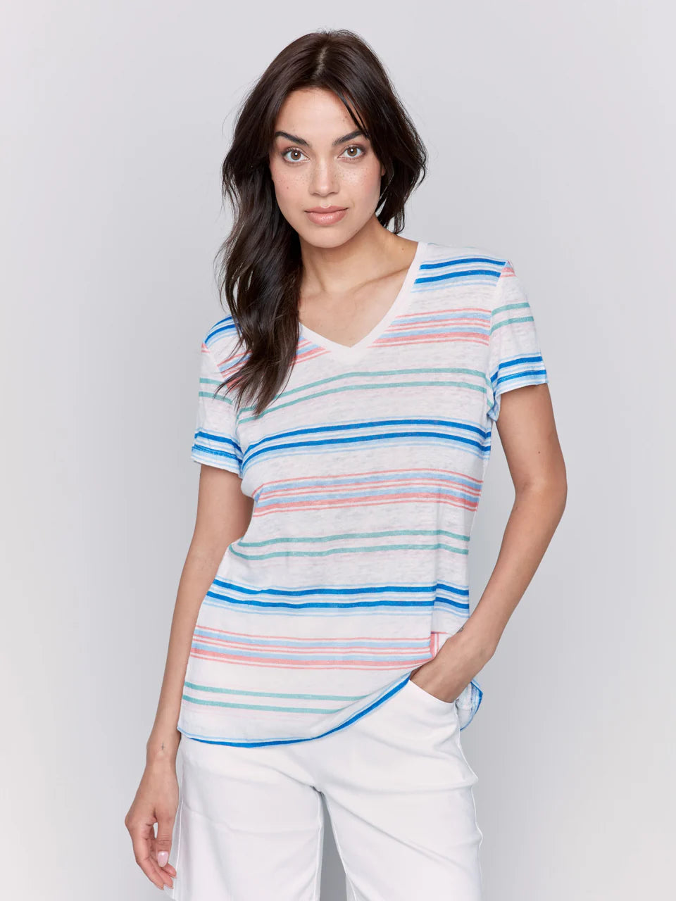 Linen Jersey Knit V-Neck Striped T