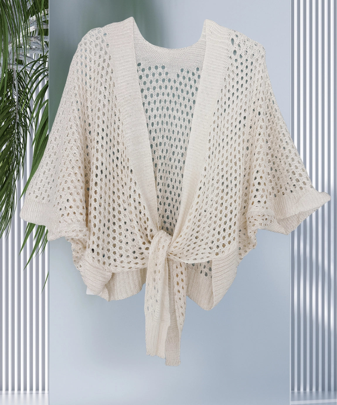Eyelet Open Knit Metallic Cardigan w Front Tie- Beige