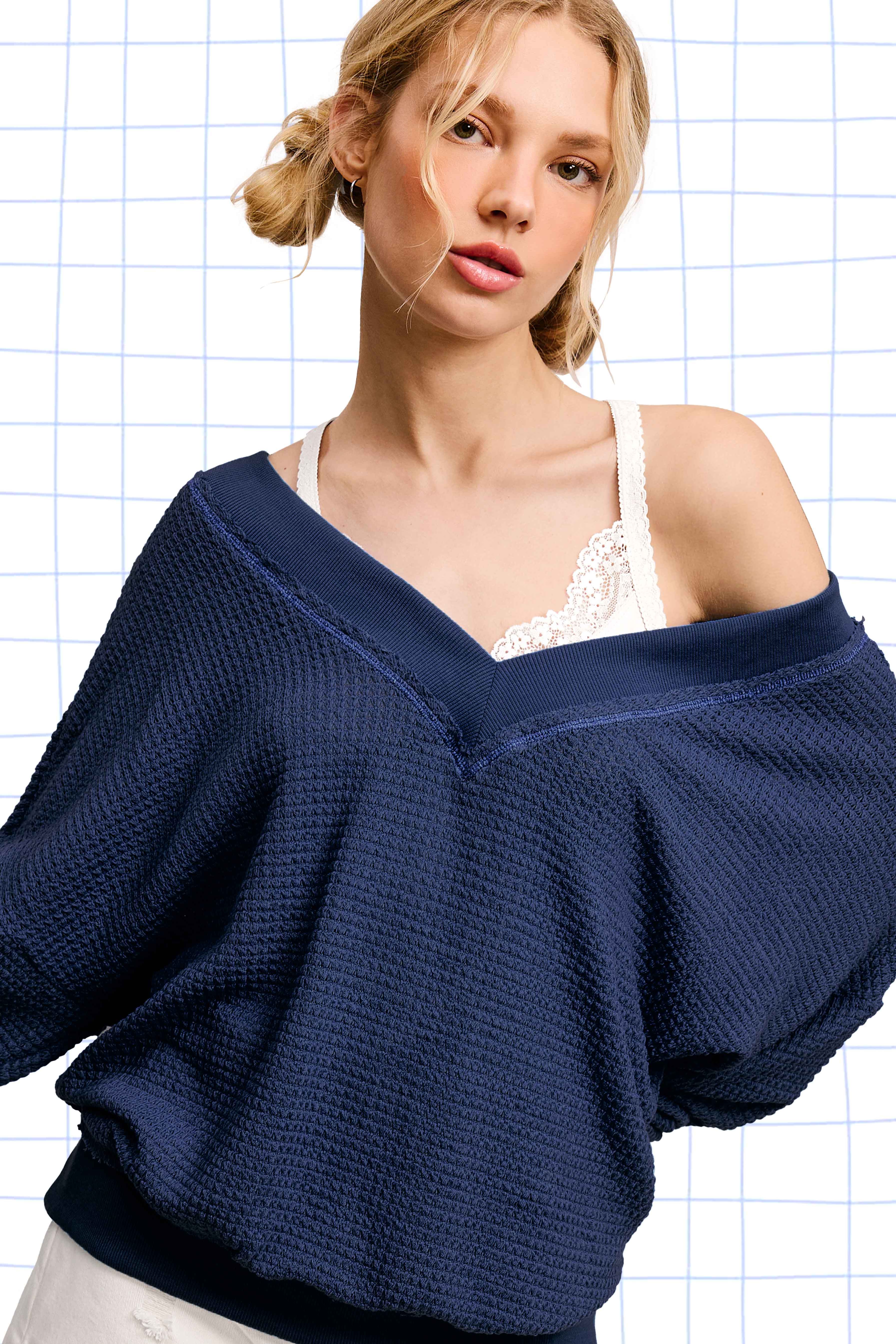 Thermal V Neck Drop Sleeve Sweatshirt- navy