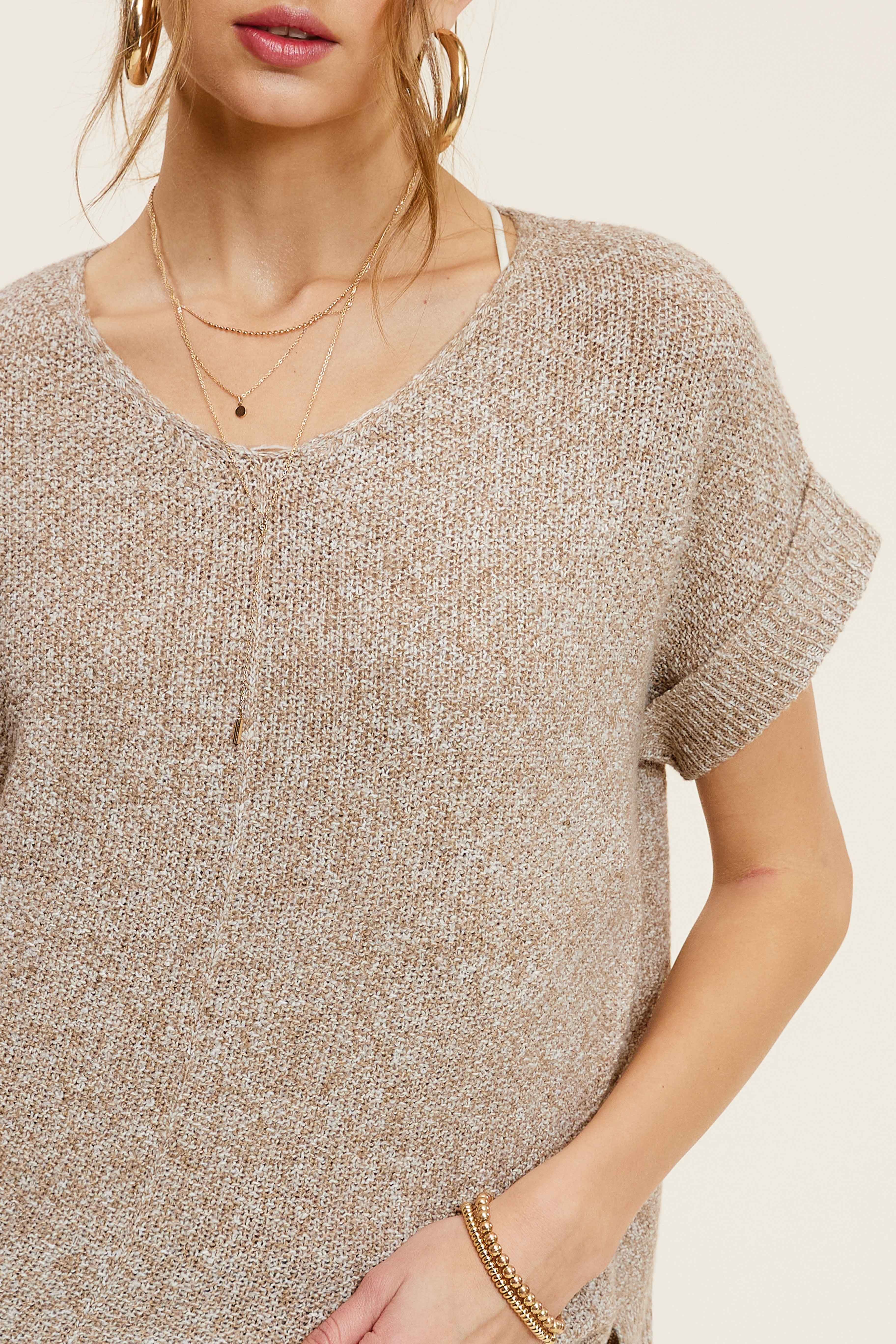 Crew Neck Cuffed Sleeve Center Detail Sweater- taupe