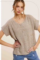 Crew Neck Cuffed Sleeve Center Detail Sweater- taupe