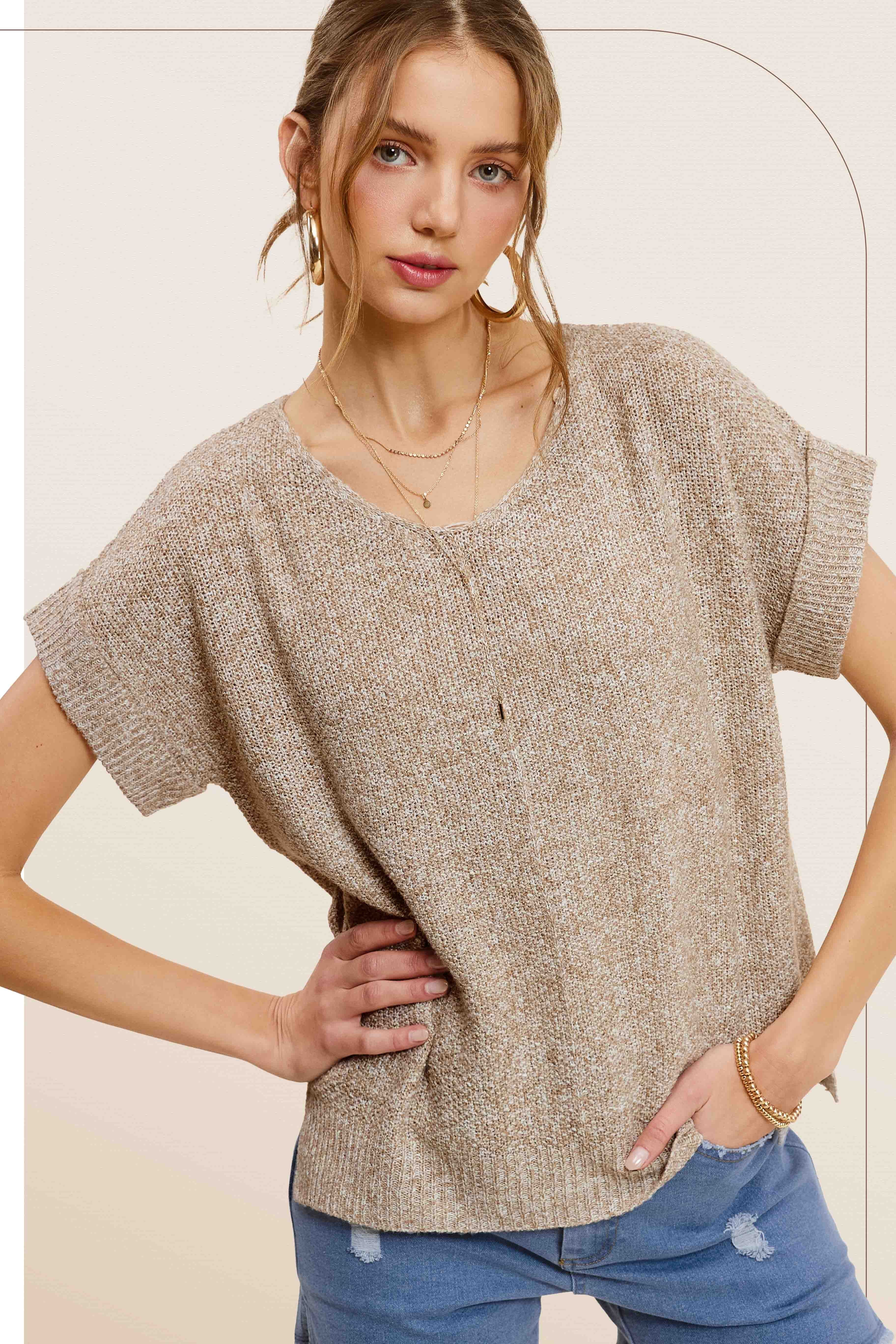 Crew Neck Cuffed Sleeve Center Detail Sweater- taupe