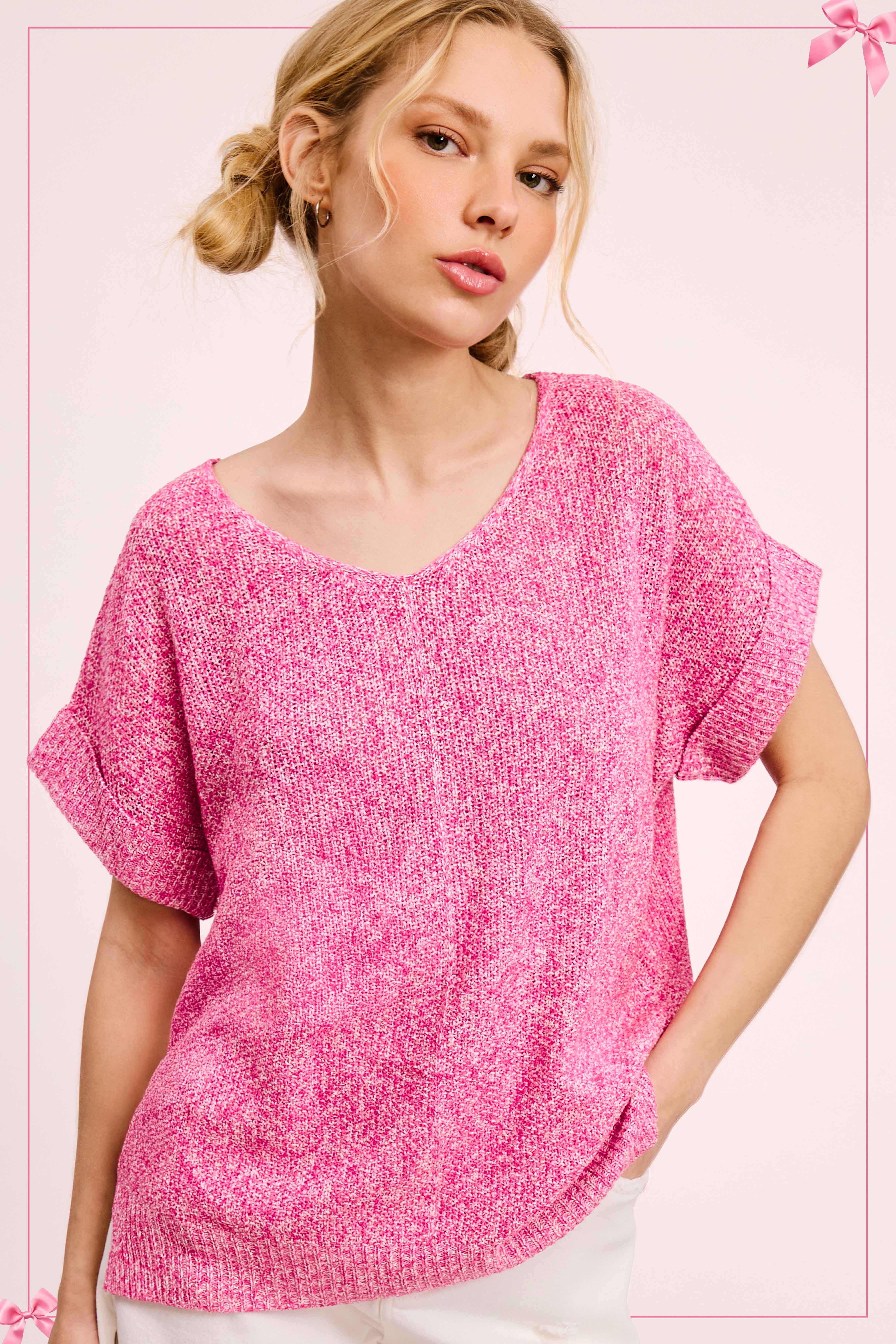 Crew Neck Cuffed Sleeve Center Detail Sweater- candy pink