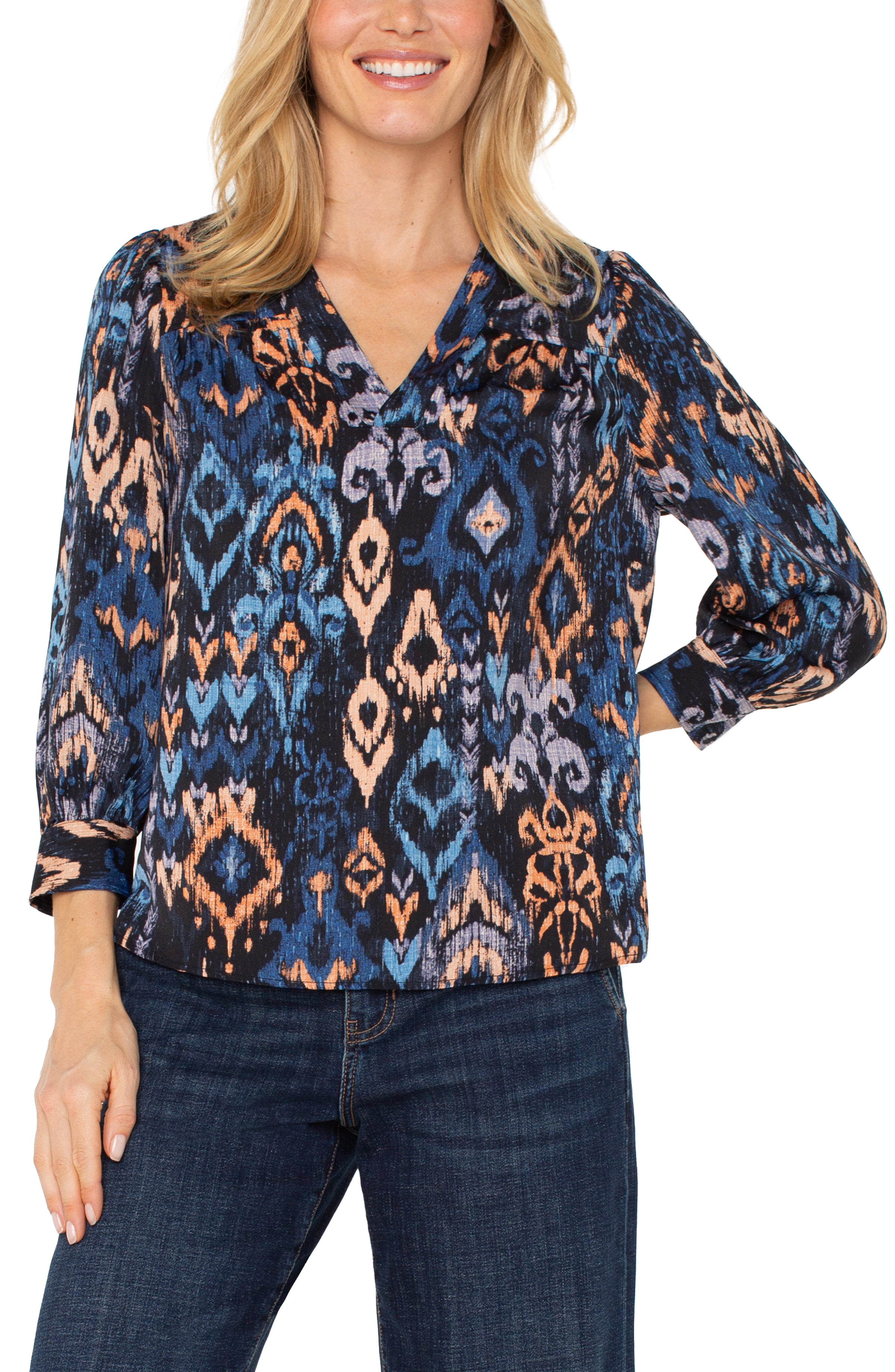 V-Neck 3/4 Sleeve Popover Woven Blouse