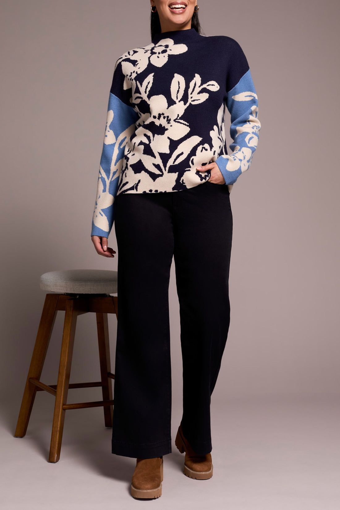 Long Sleeve Funnel Neck Printed Sweater