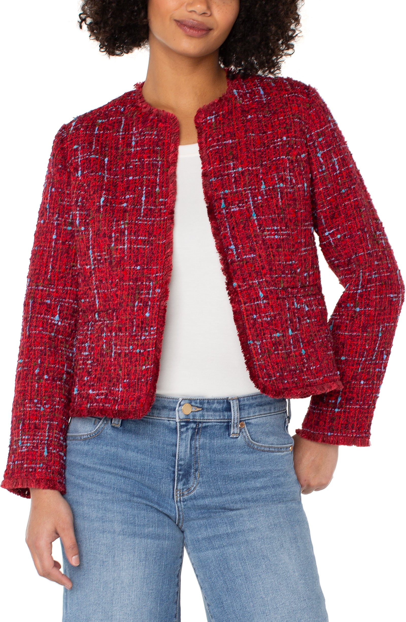 Collarless Jacket with Frayed Edges