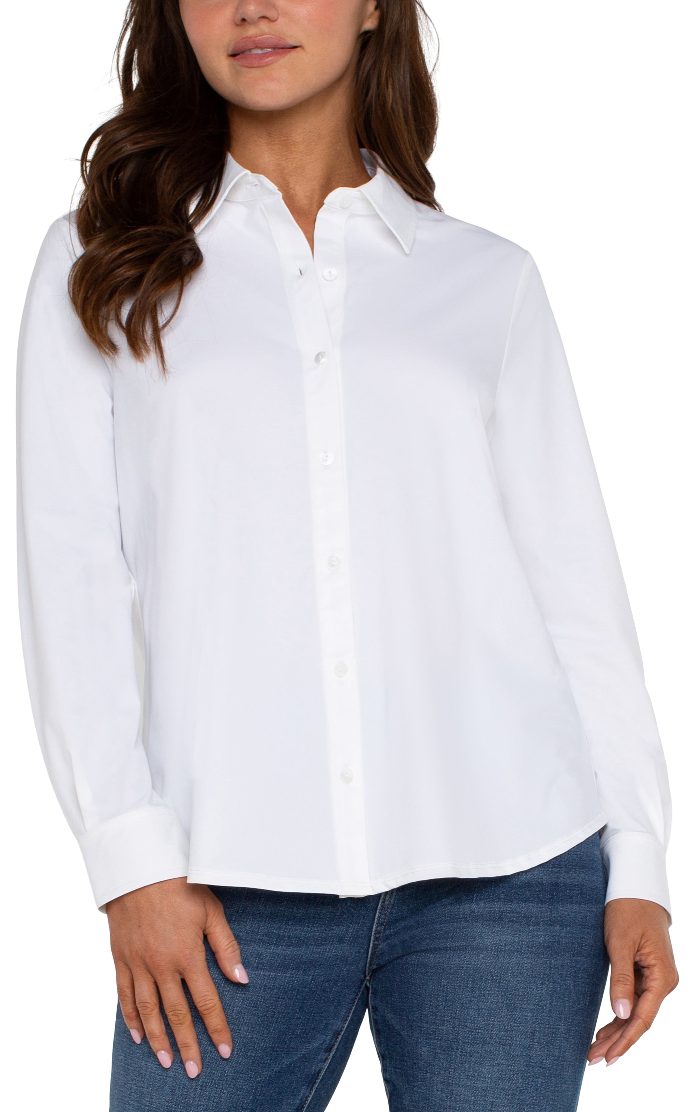 Long Sleeve Button Front Knit Top- white