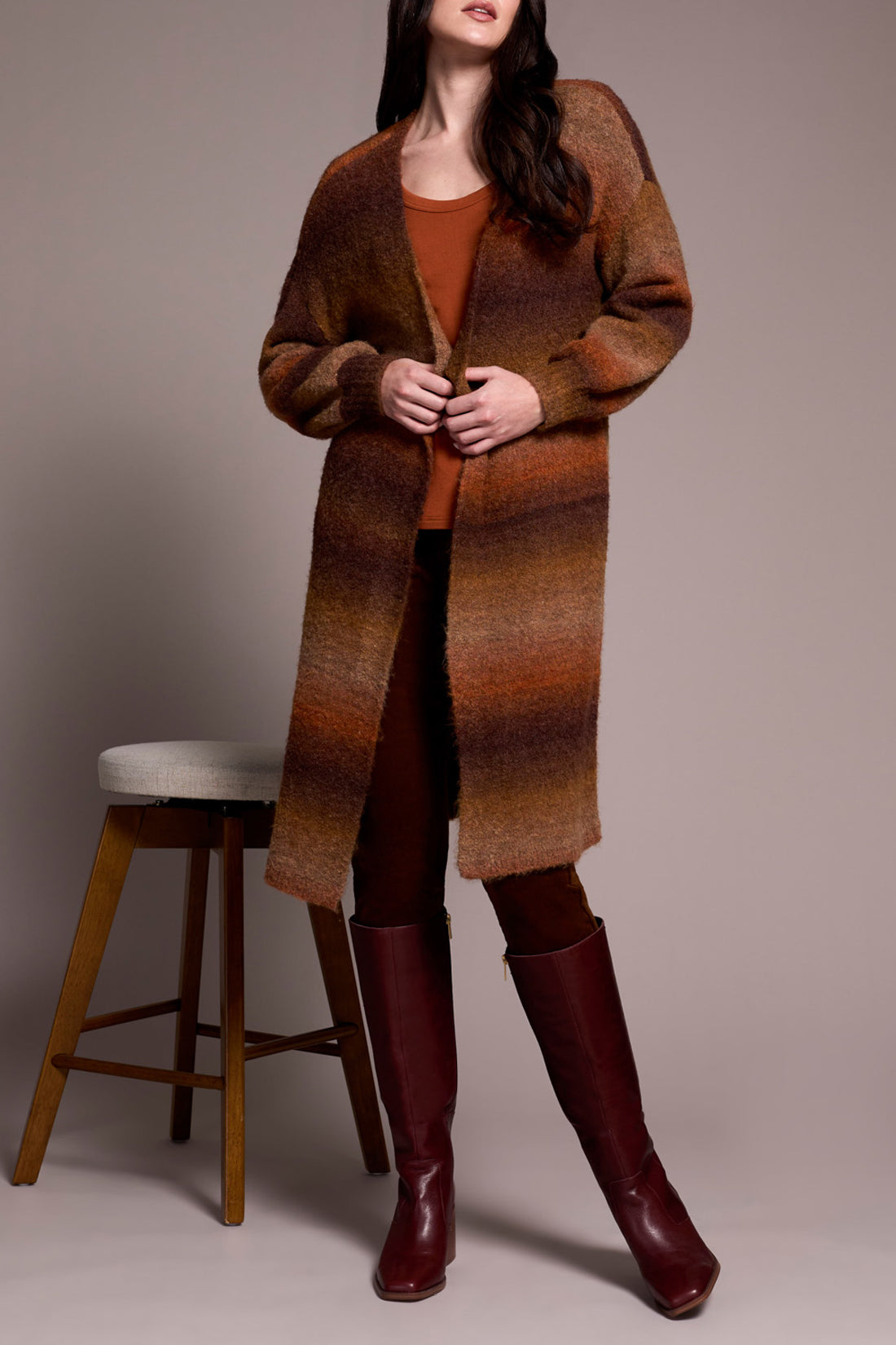 Long Sweater Cardigan with Puff Sleeve- toffee
