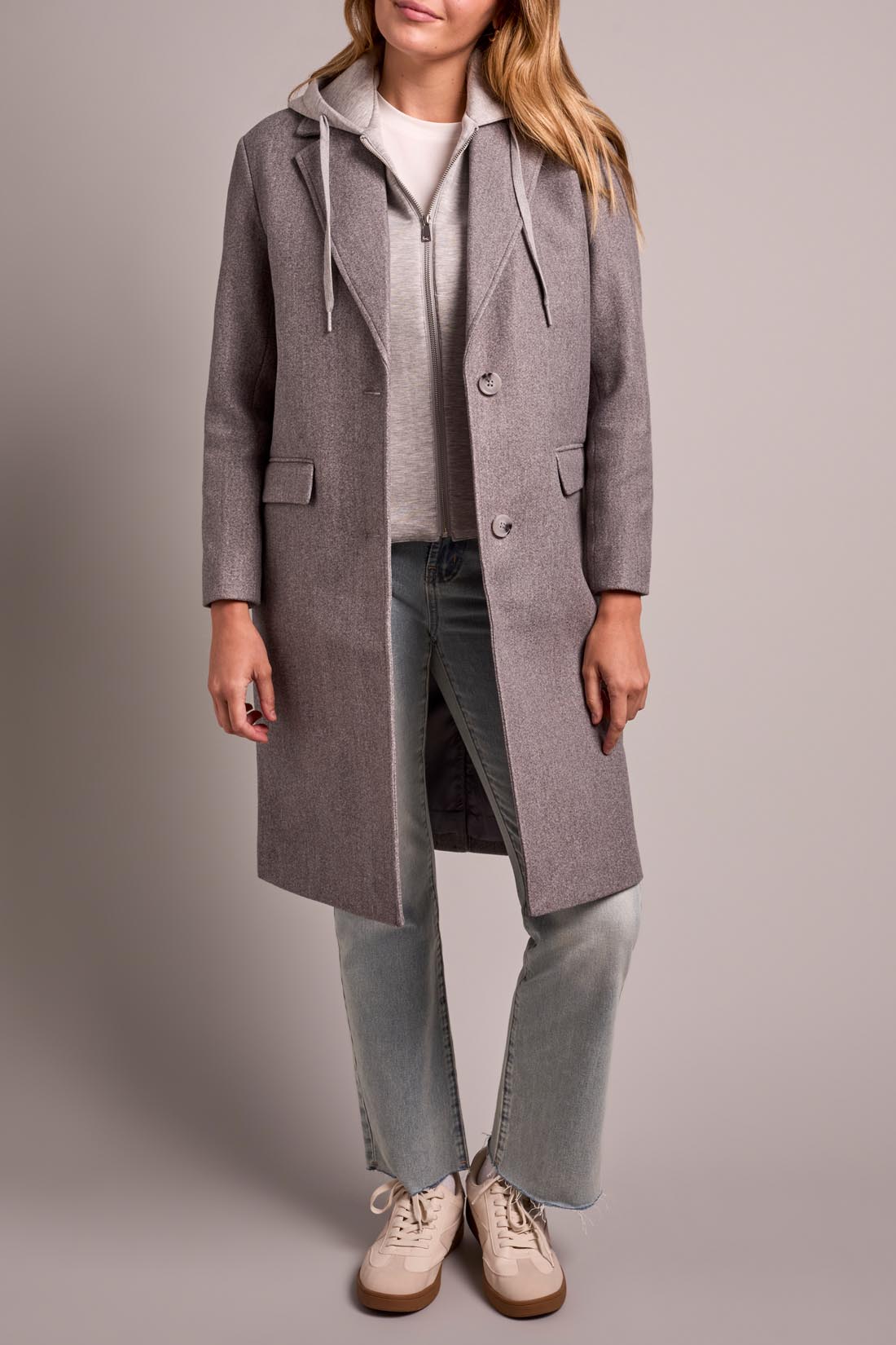 Ultra Soft Brushed Knit Fooler Coat with Hood- grey