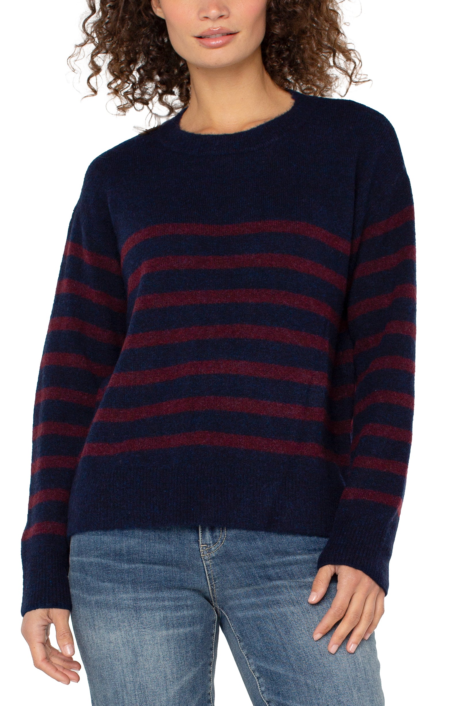 Long Sleeve Crew Neck Dropped Shoulder Striped Sweater