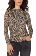 Long Sleeve Mock Neck Knit Top with Shirring