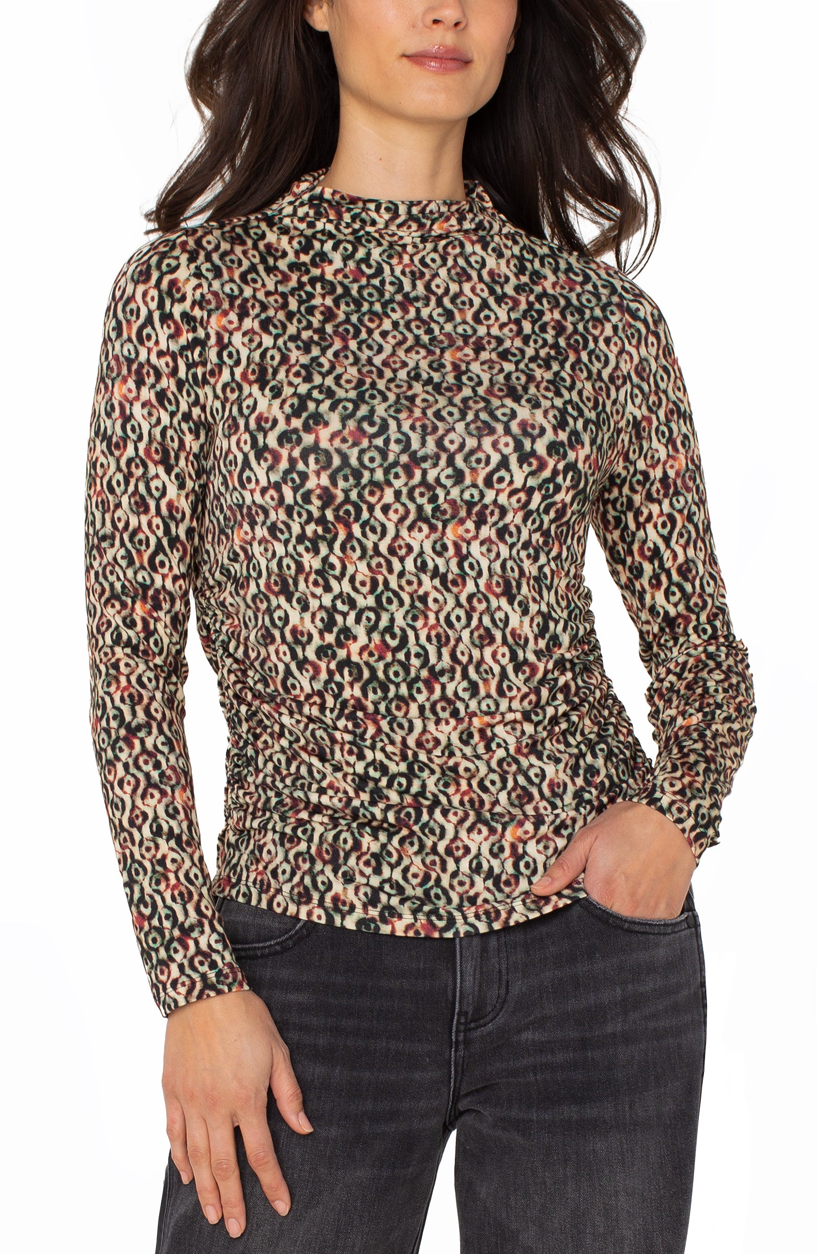 Long Sleeve Mock Neck Knit Top with Shirring