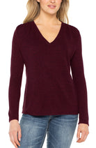 Long Sleeve V-Neck Knit Top with Shirring- maroon