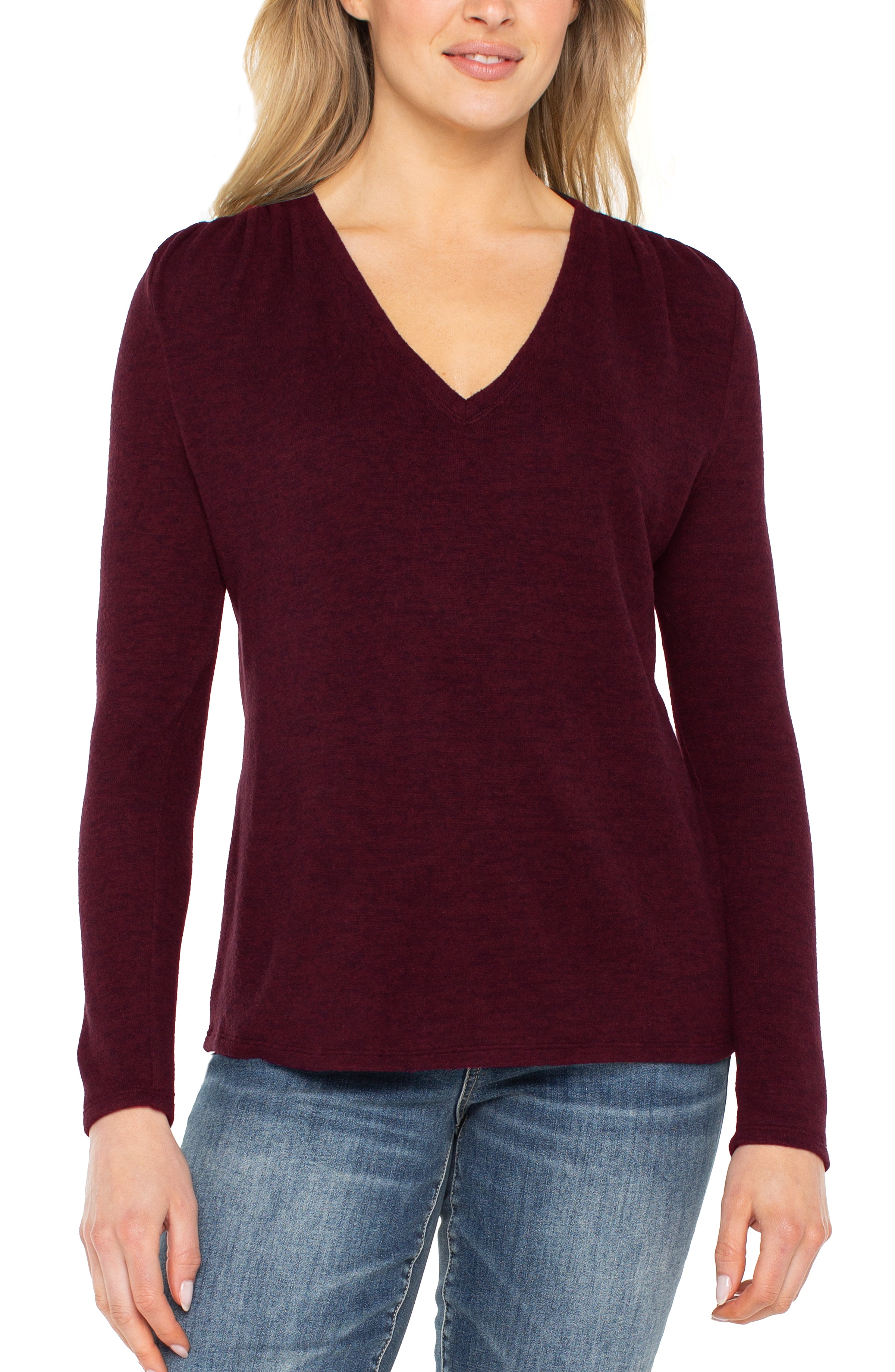 Long Sleeve V-Neck Knit Top with Shirring- maroon