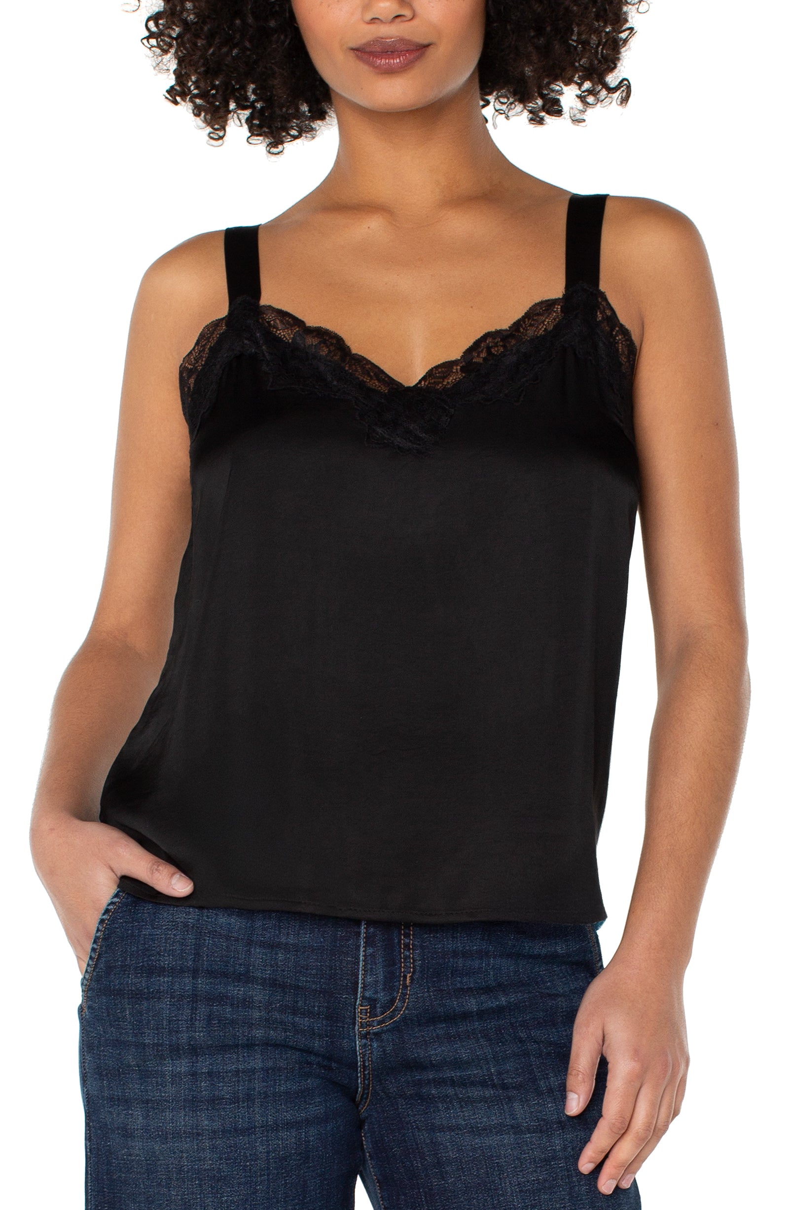 Woven Tank with Lace Trim- black