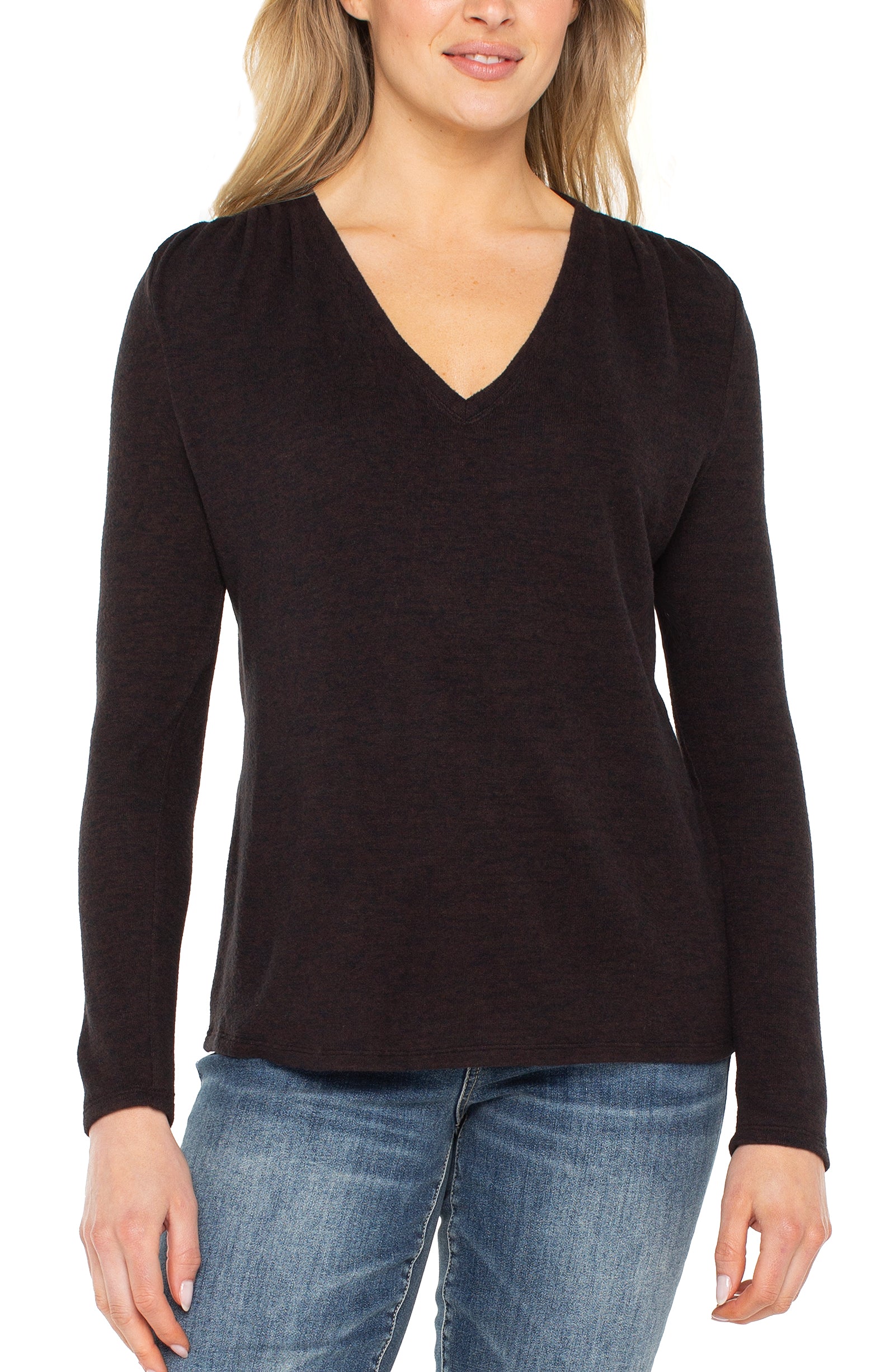 Long Sleeve V-Neck Knit Top with Shirring