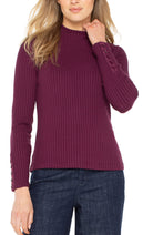 Long Sleeve Mock Neck Knit Top with Button Details-wine