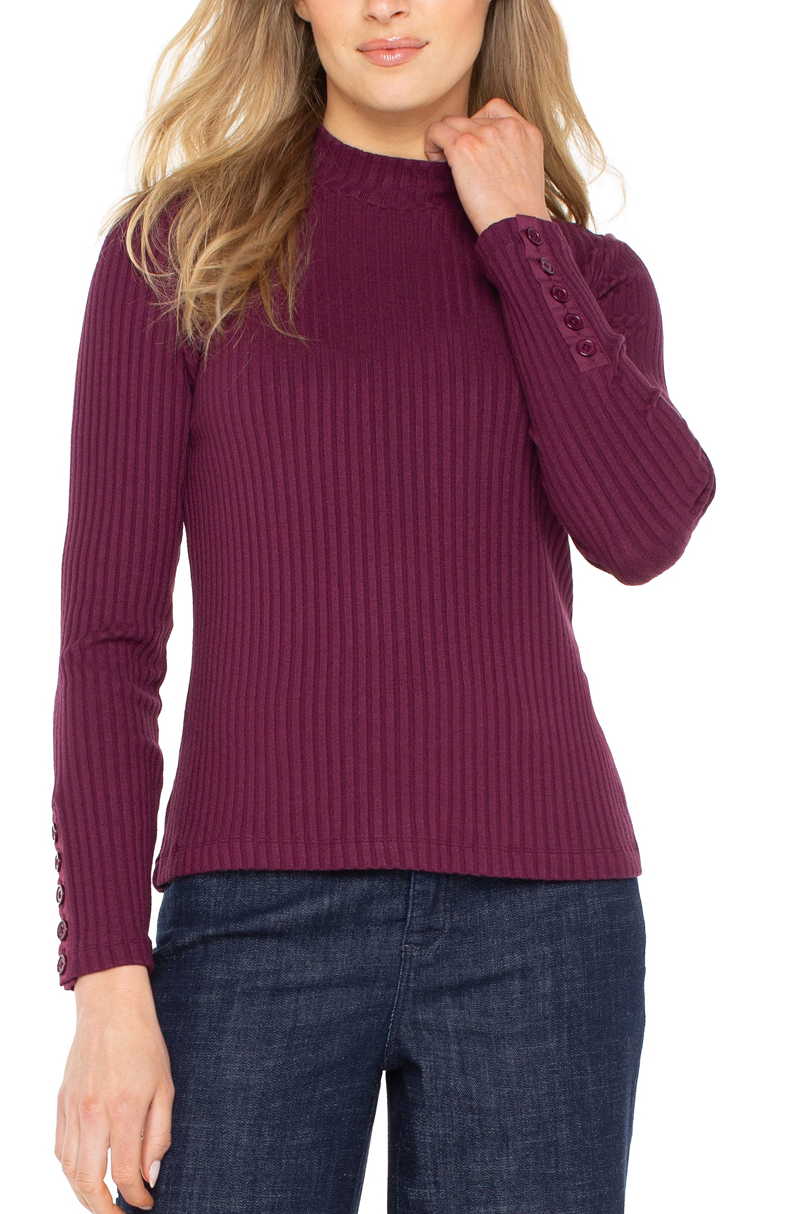 Long Sleeve Mock Neck Knit Top with Button Details-wine