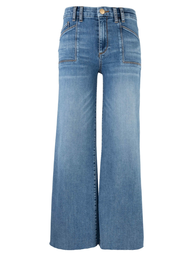 Meg High Rise Wide Leg Denim with Front Pockets and Inset Raw Hem