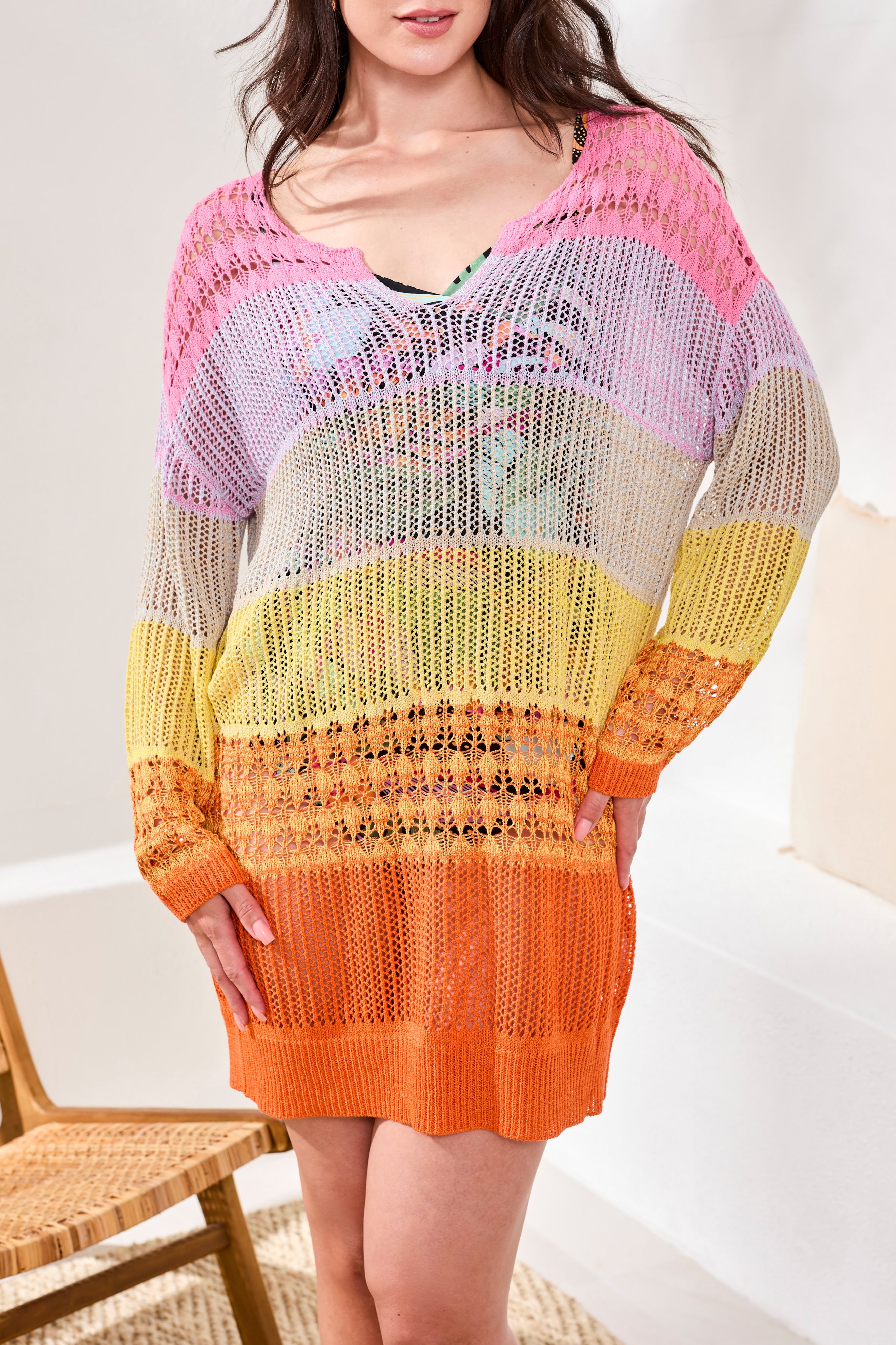 Long Sleeve V-Neck Sweater Dress Cover Up M / Freesia