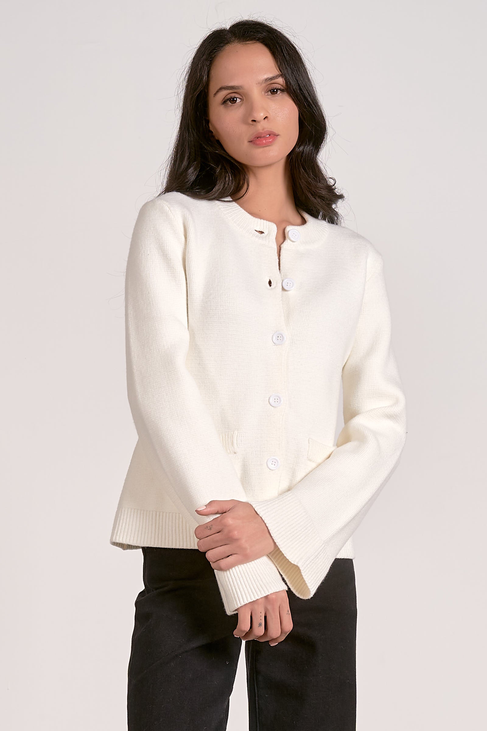 Button Up Crew Neck Sweater with Bell Sleeve- off white