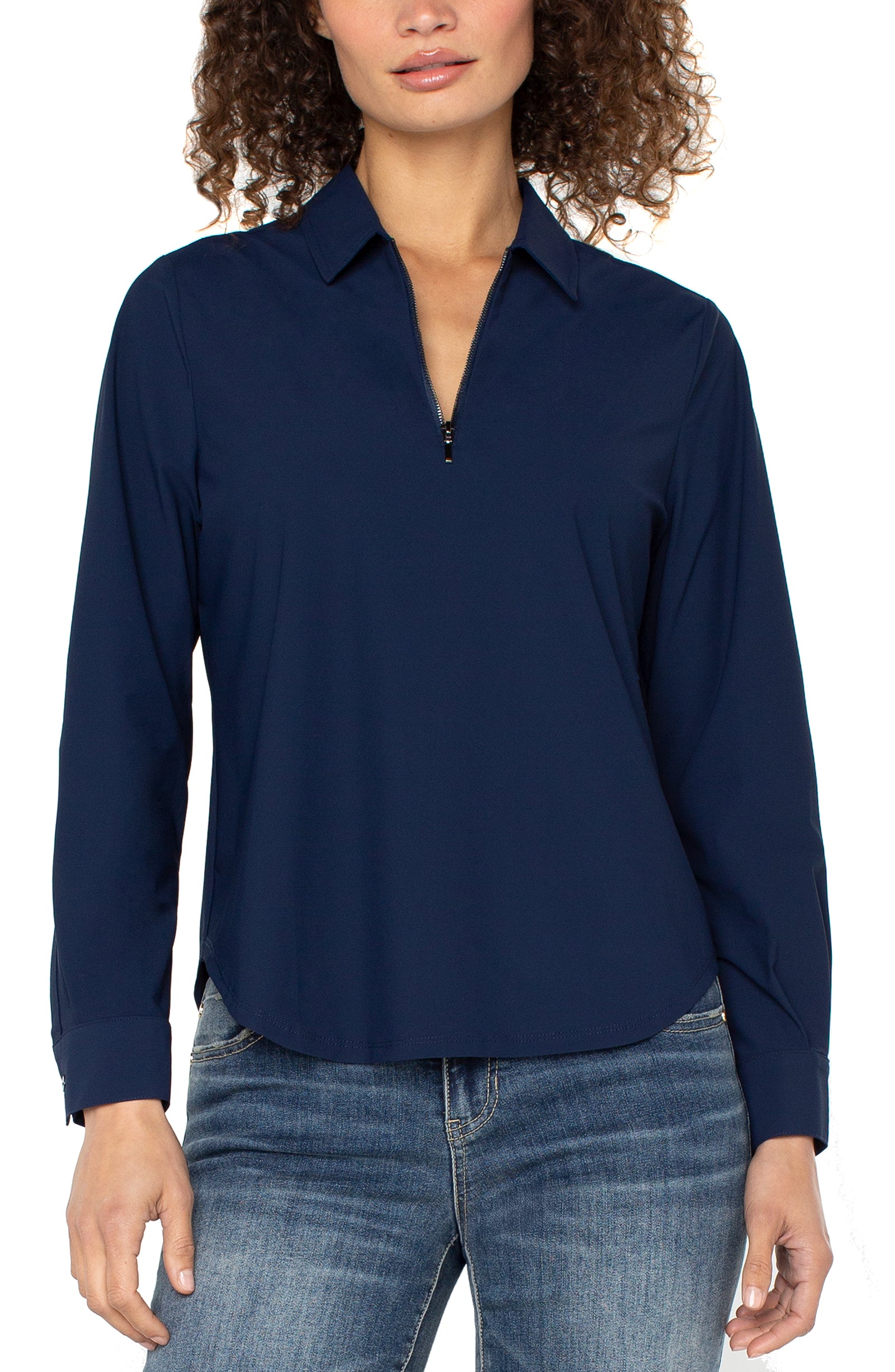 Long Sleeve Collared Zip Front Knit Shirt
