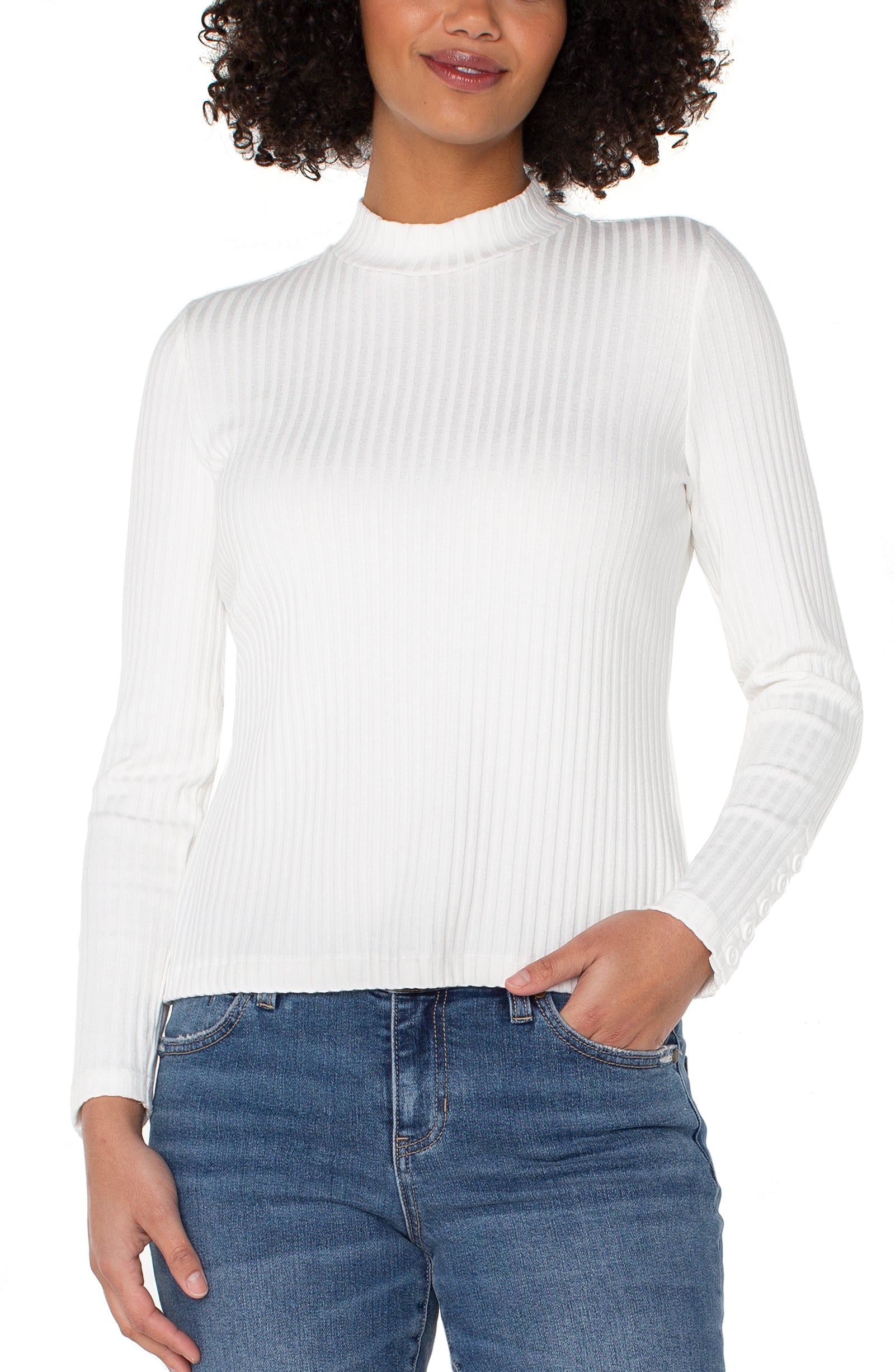 Long Sleeve Mock Neck Knit Top with Button Details-snow