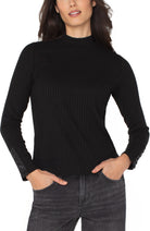 Long Sleeve Mock Neck Knit Top with Button Details-black