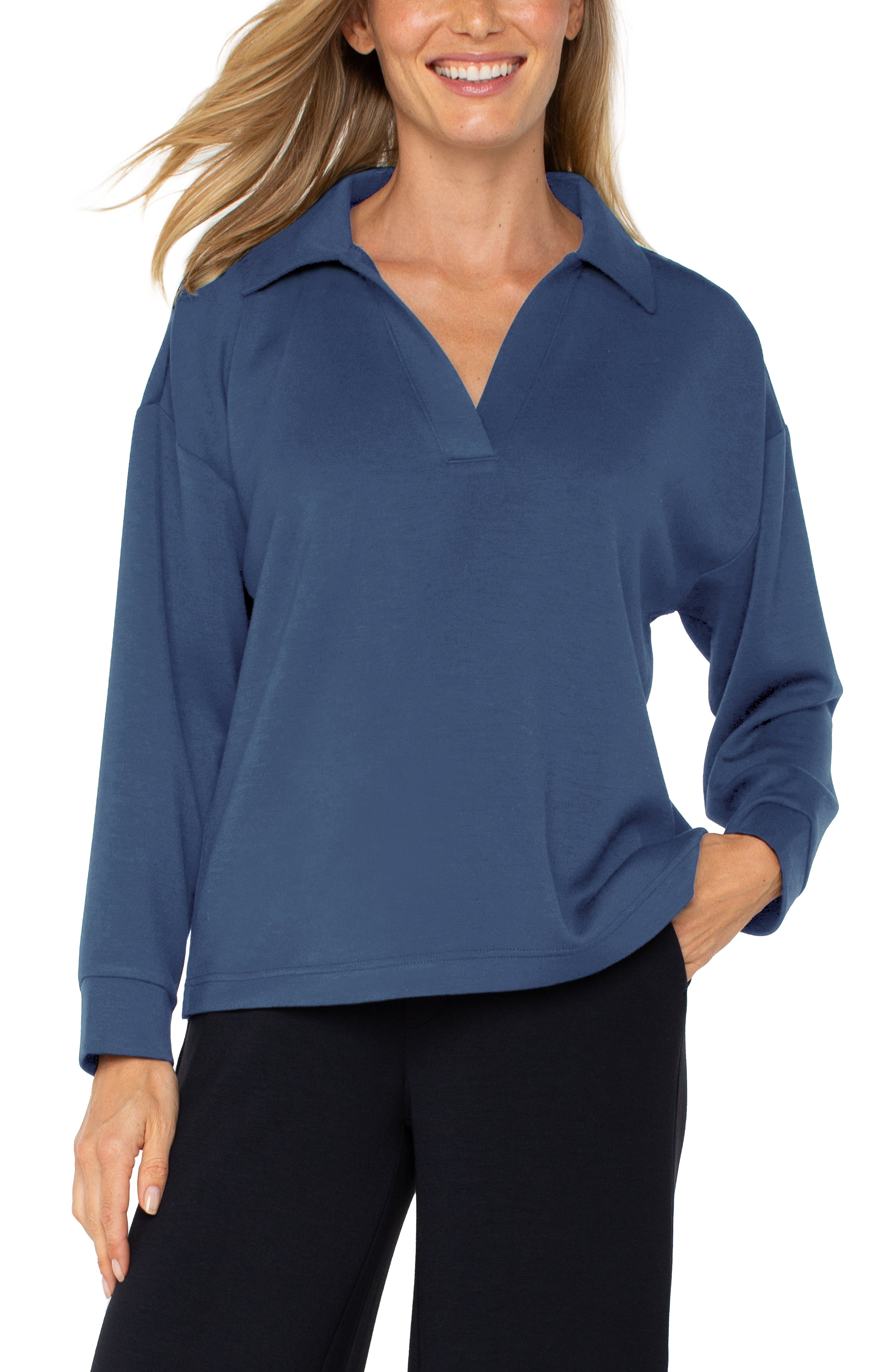 V-Neck Popover with Collar- prussian blue