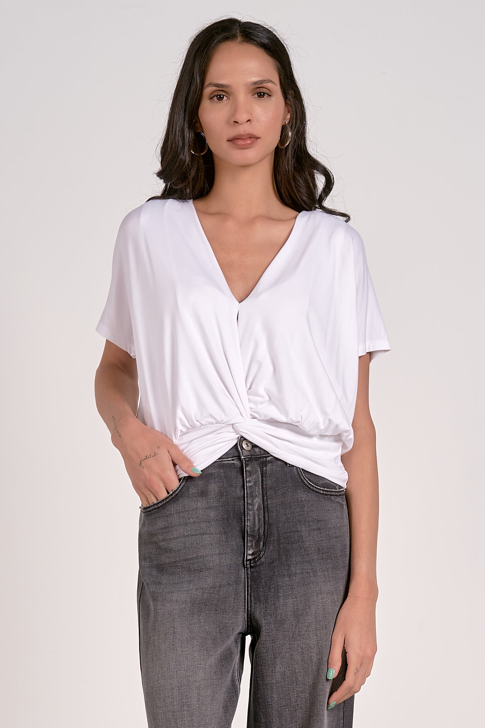 Pleated Vneck Top- white