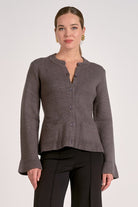 Button Up Crew Neck Sweater with Bell Sleeve- grey